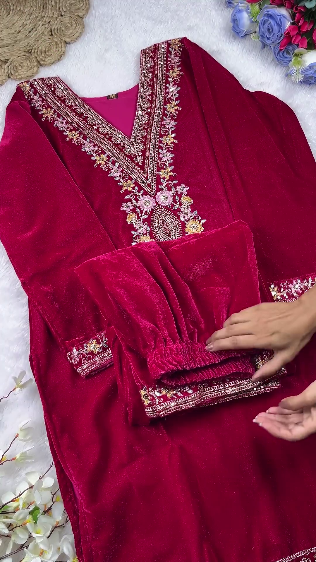 Majestic Velvet Kurta Set with Intricate Floral V-Neck Embroidery