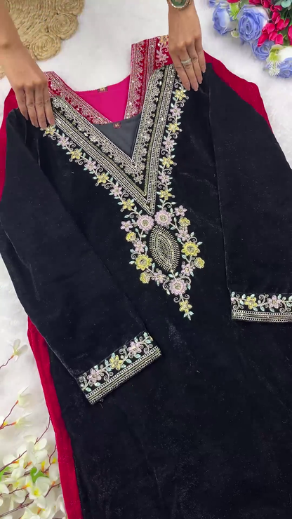 Majestic Velvet Kurta Set with Intricate Floral V-Neck Embroidery