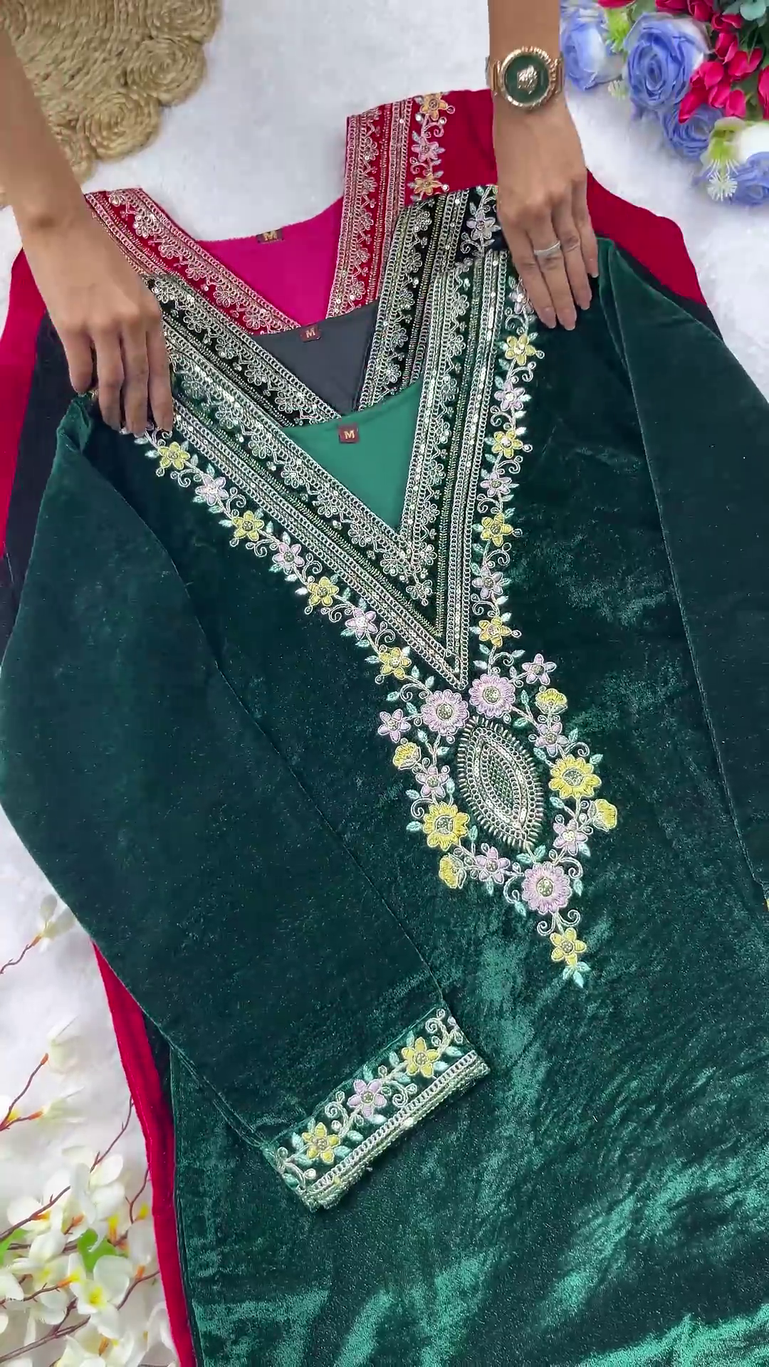 Majestic Velvet Kurta Set with Intricate Floral V-Neck Embroidery