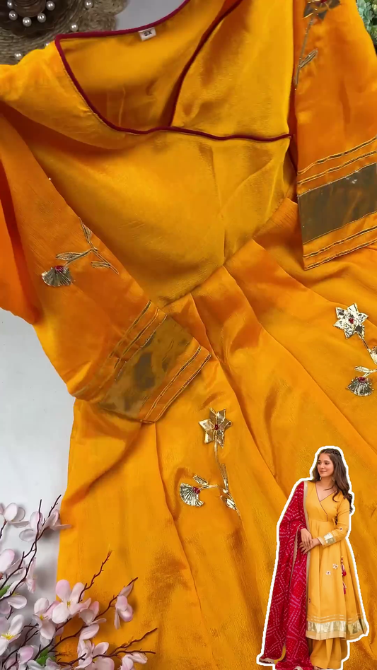 Sun-Kissed Mustard Anarkali with Angrakha Neckline and Bandhani Dupatta