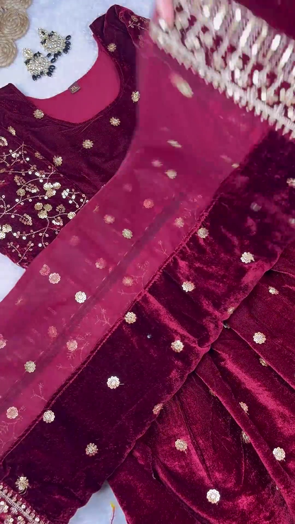 Majestic Ruby Velvet Anarkali with Golden Floral Zari and Sequin Embroidery