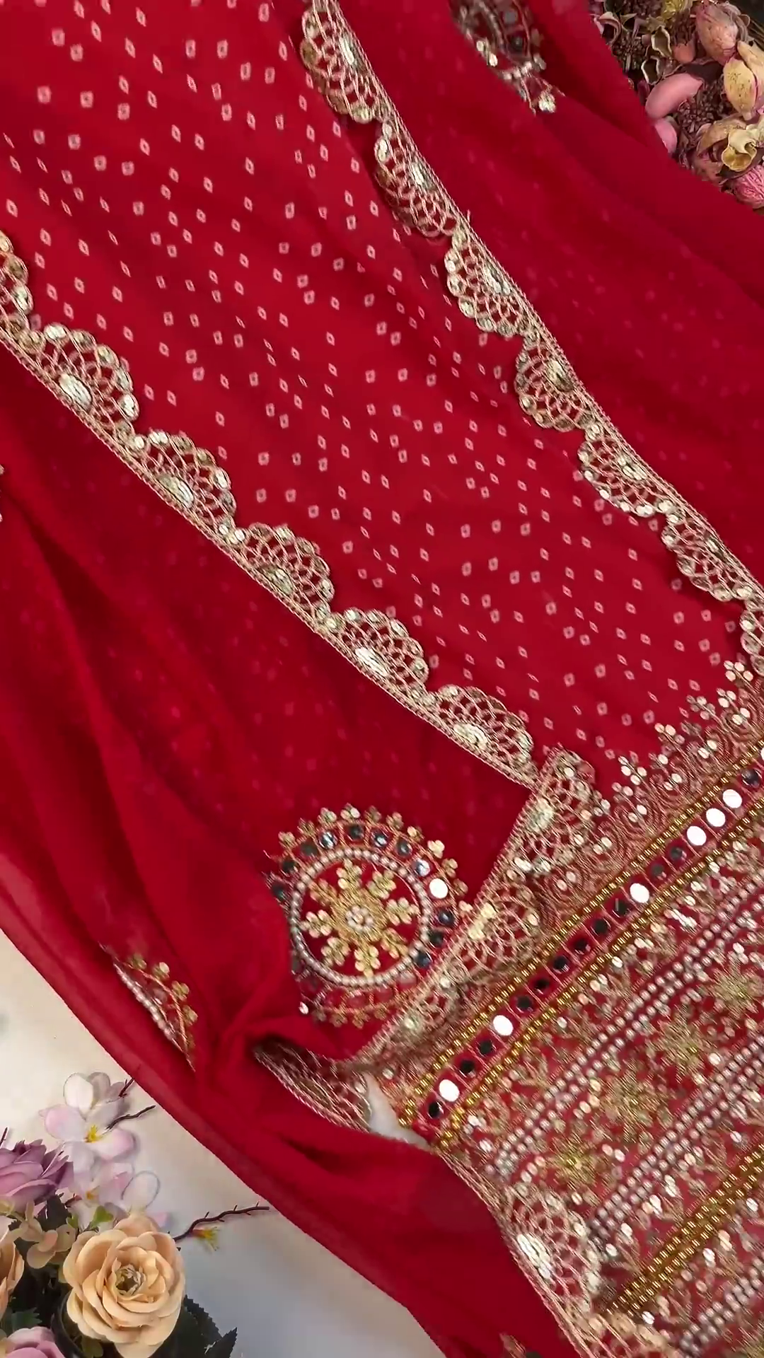 Vibrant Bandhani Georgette Suit with Circular Mirror-Work Medallions