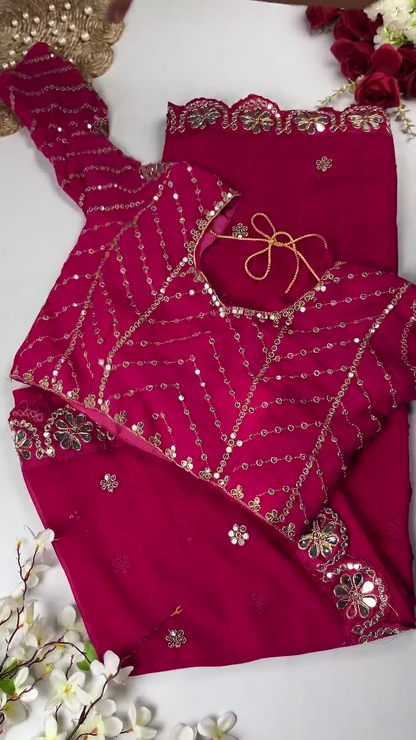Crimson Silk-Blend Blouse with Floral Zari Jaal and Pearl Droplets