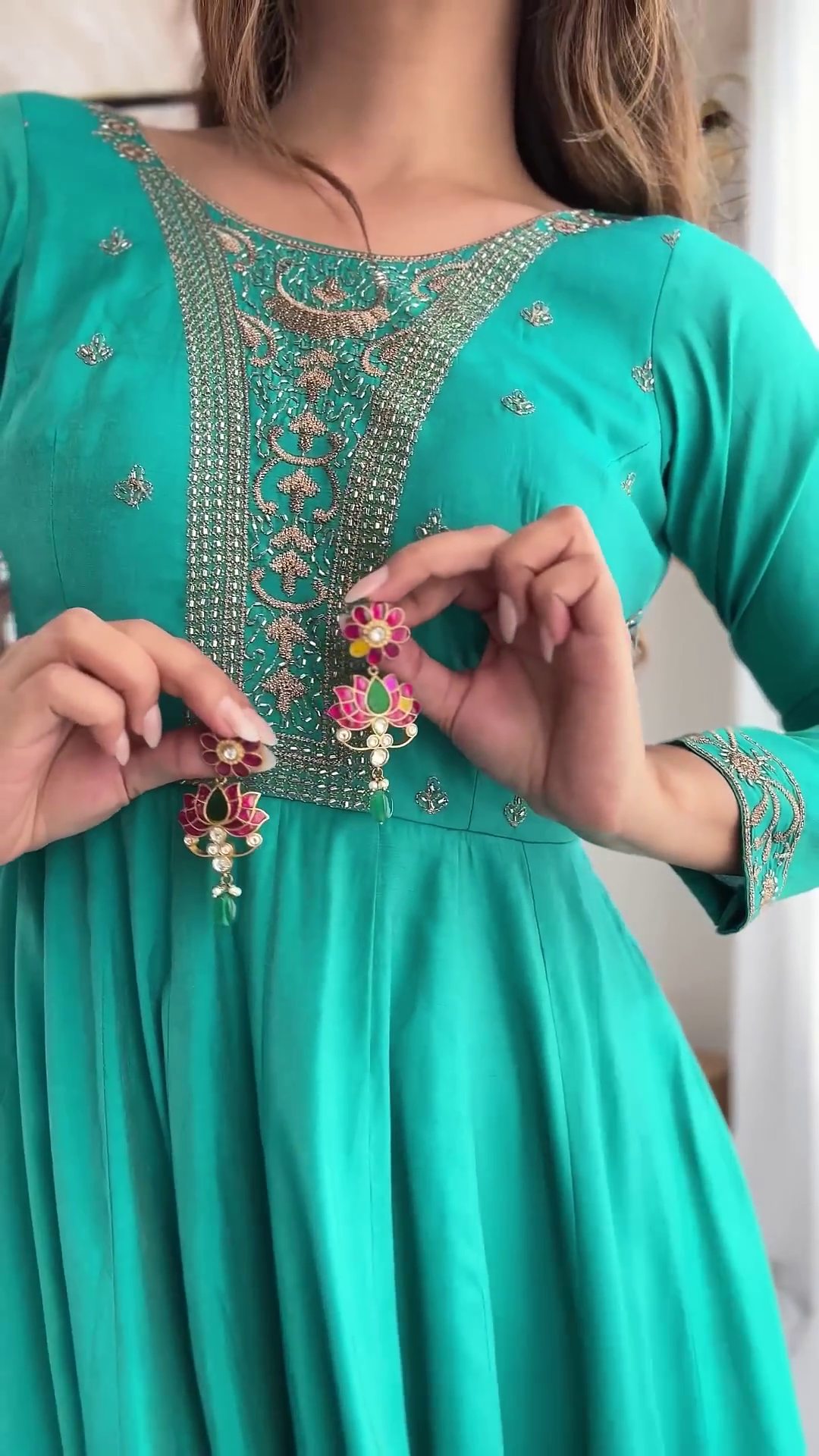 Emerald Teal Silk Anarkali Set with Intricate Zari and Threadwork Bodice