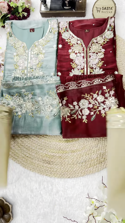 Exquisite Organza Silk Suit with Hand-Embroidered Floral Neckline and Scalloped Borders