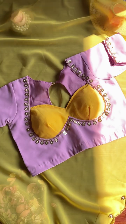 Lavender and Mustard Contrast Silk-Blend Blouse with Floral Sequin Borders