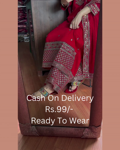 Royal Crimson Silk Suit with Zardosi Artistry
