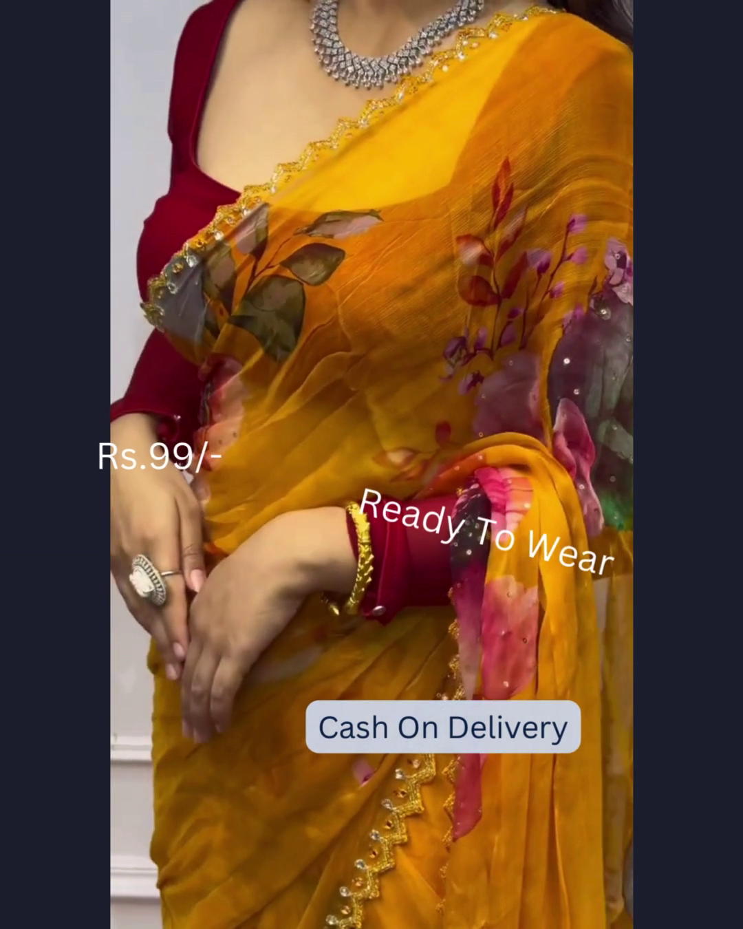 Golden Ochre Floral Saree with Scalloped Zari Trim