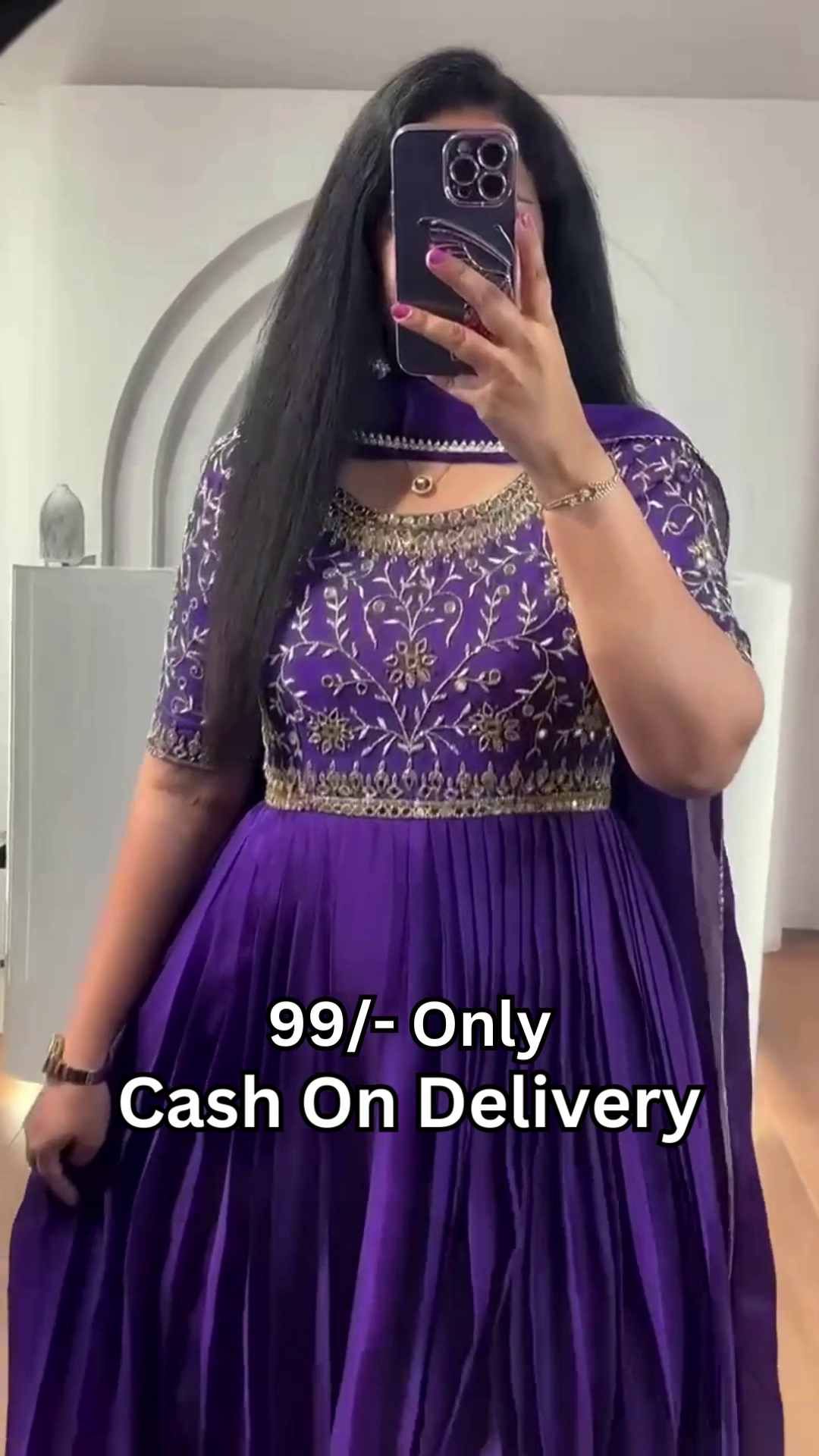 Royal Purple Pleated Anarkali Gown with Mirror Work