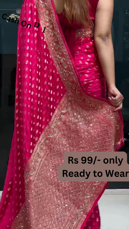 Vibrant Pink Polka Dot Saree with Gilded Lace Border