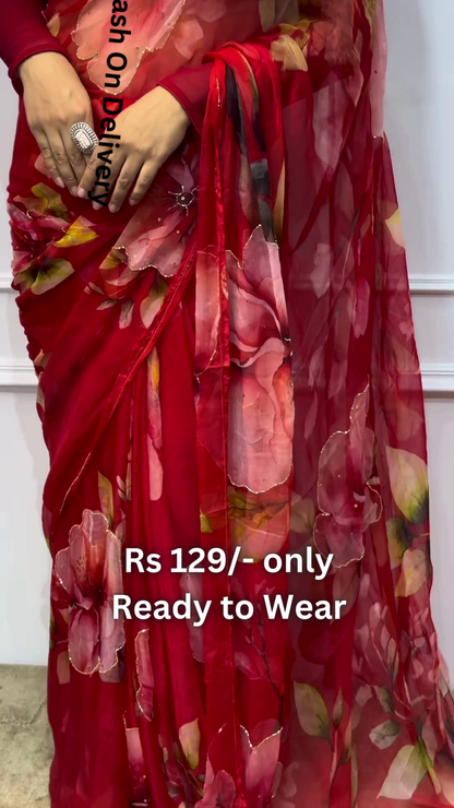Crimson Bloom Chiffon Saree with Scalloped Gilded Border