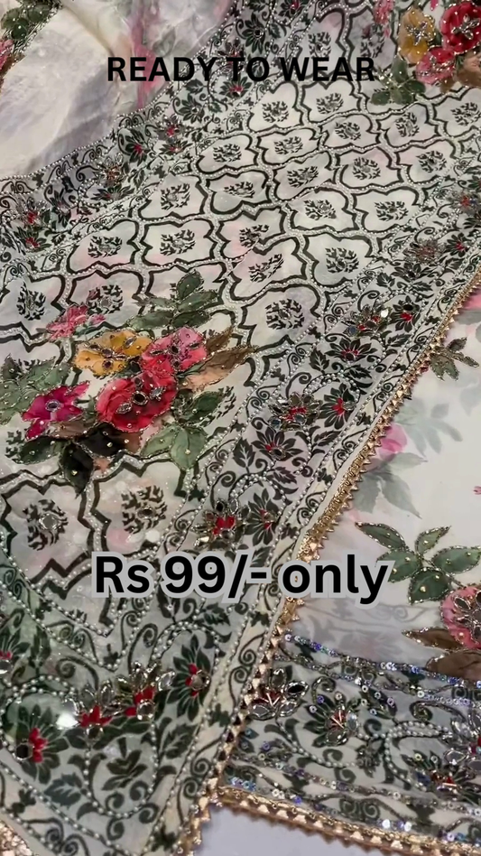 Artisanal White Floral Saree with Gilded Lace Edging